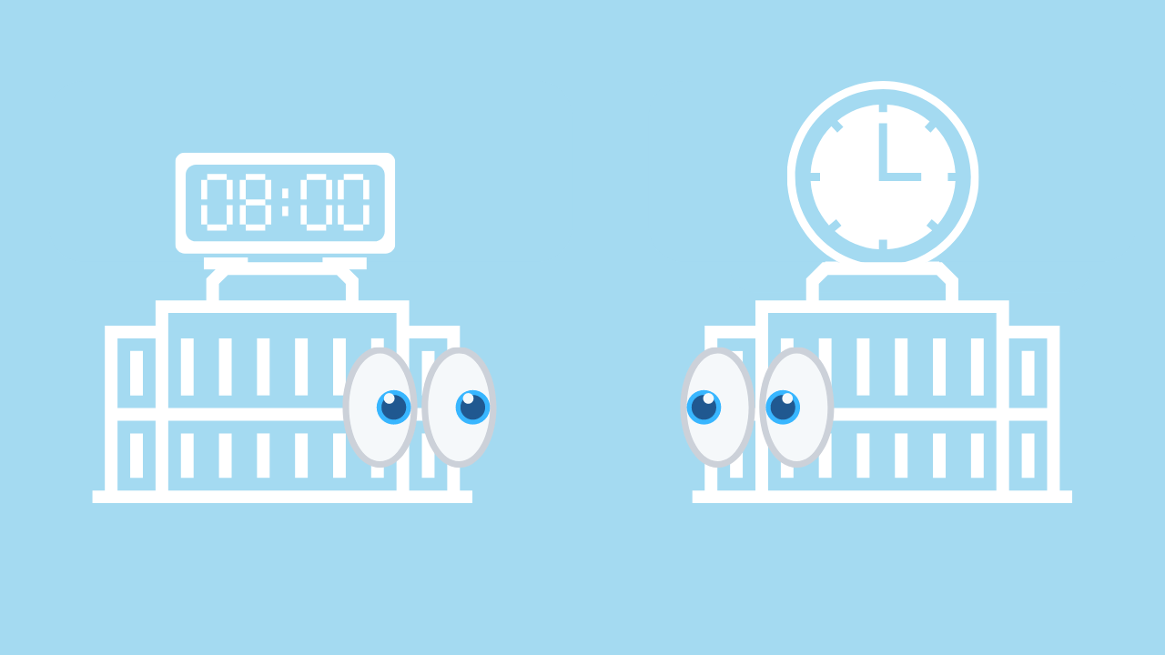 clocks with eyes looking at each other