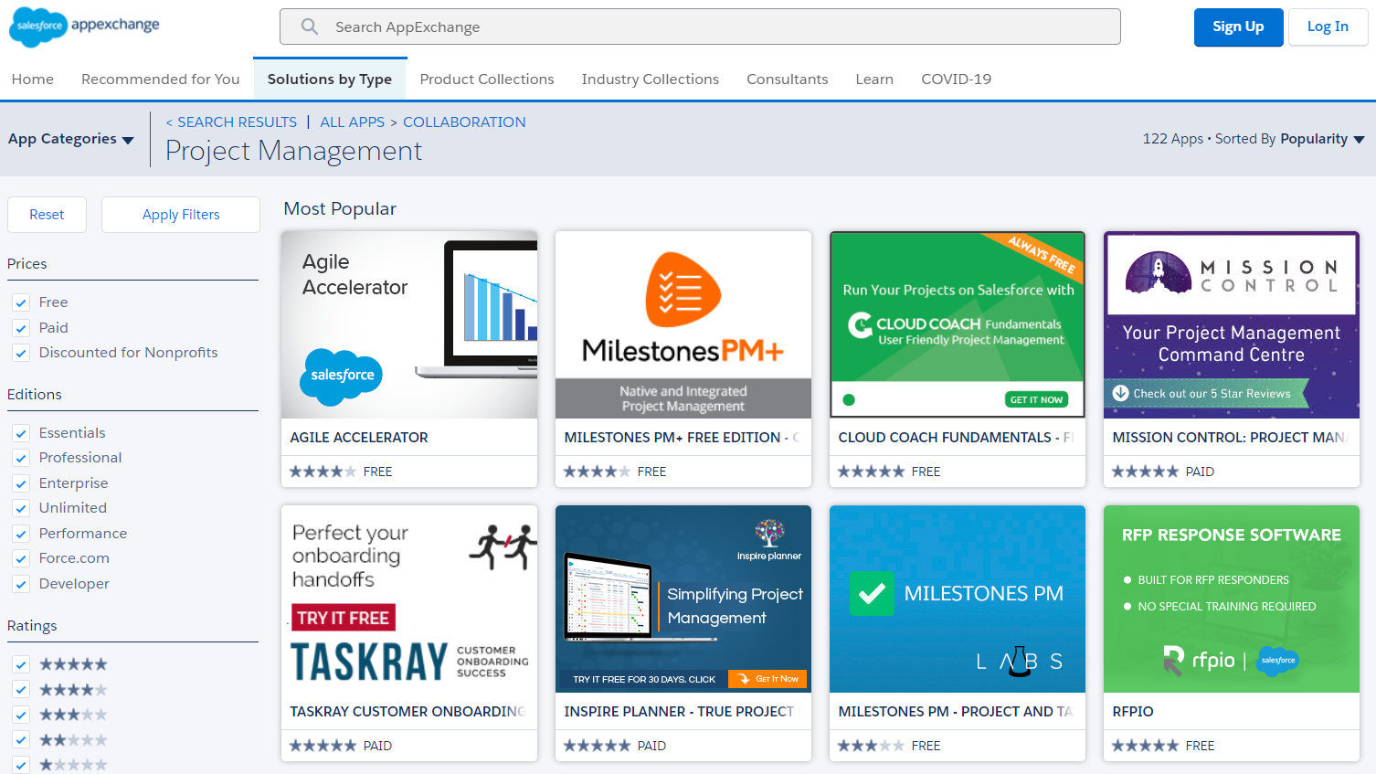 A view of project management apps on the Salesforce AppExchange