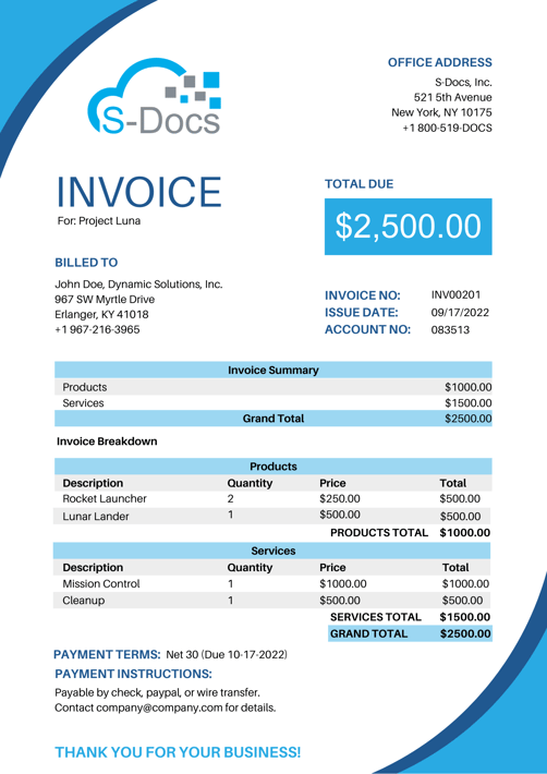 S-Docs invoice thank you