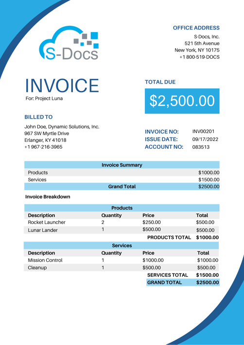S-Docs invoice with tabs