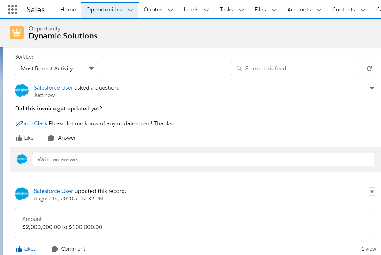 A Salesforce Chatter feed
