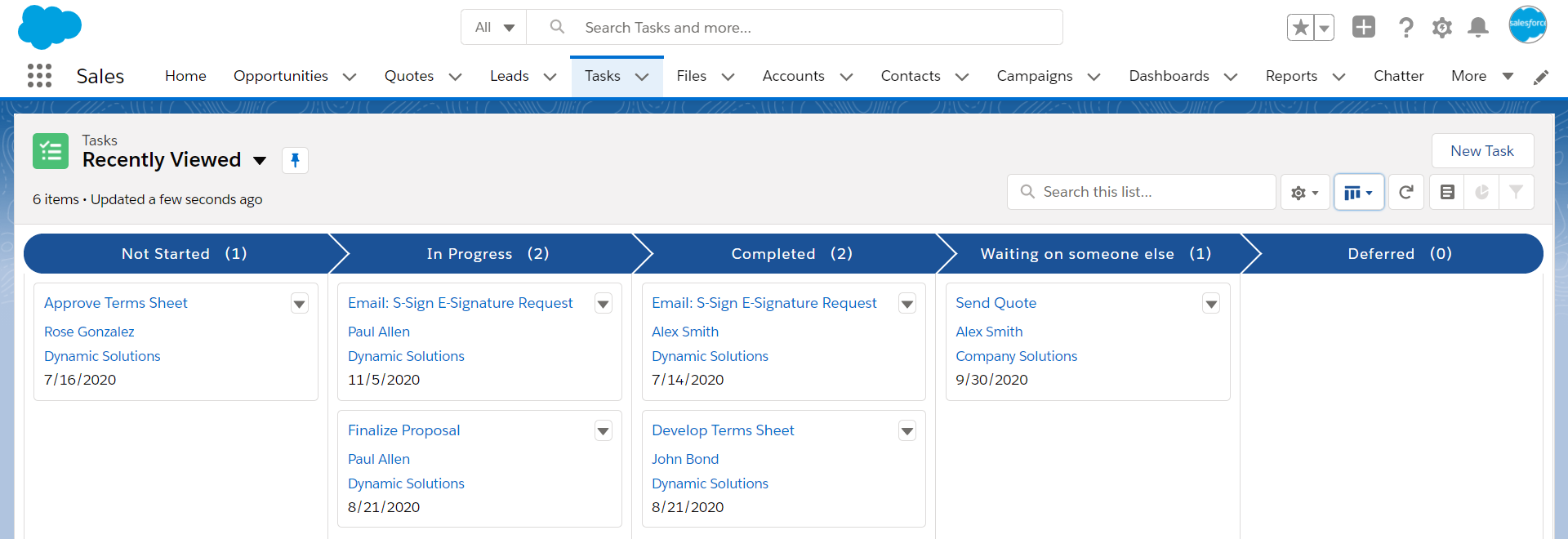 A view of Salesforce tasks in kanban style