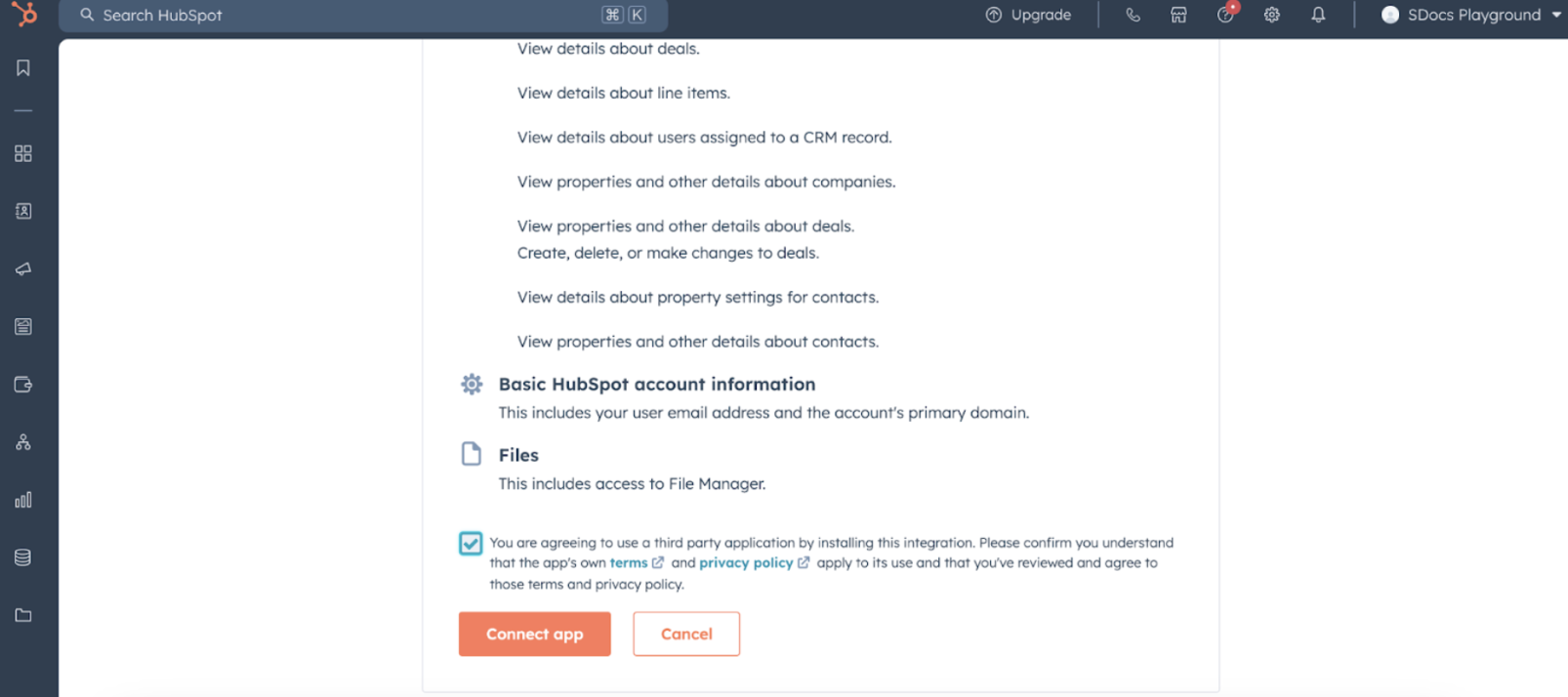 Hubspot permissions menu screenshot