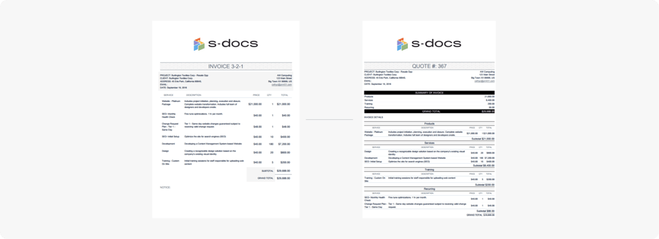 Two invoice with sdocs logo in the header